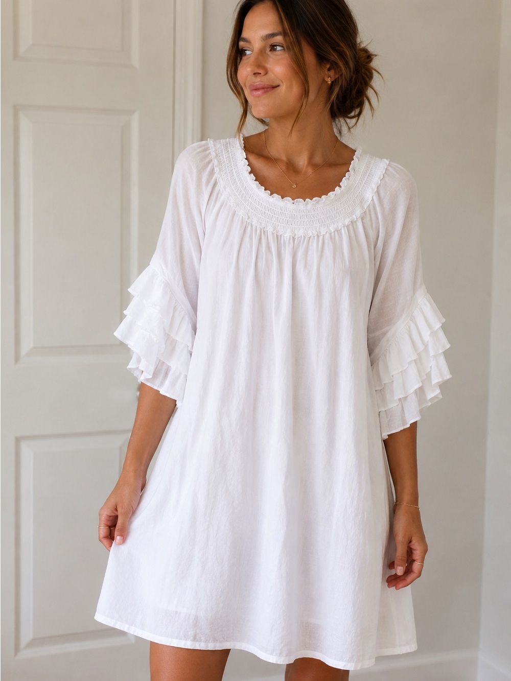 Mlle Gabrielle White Smocked Ruffle Dress with Gold Trim